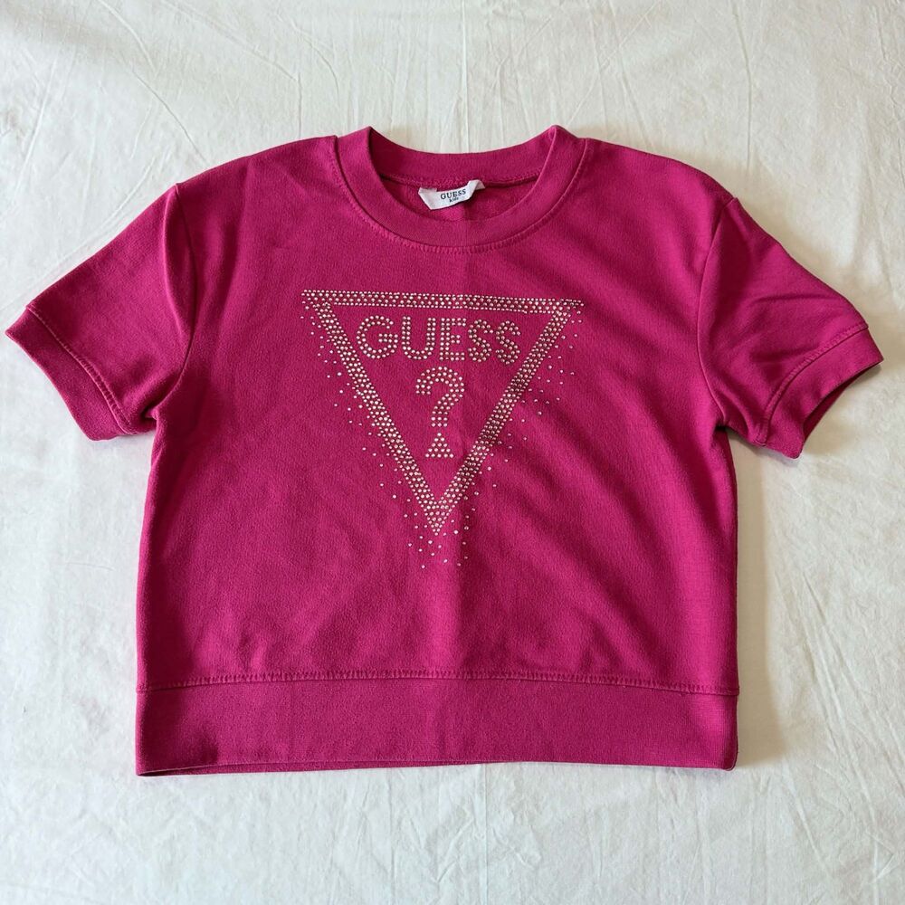 GUESS Kids Girls Hot Pink Rhinestone Logo Short Sleeve Crop Sweatshirt M